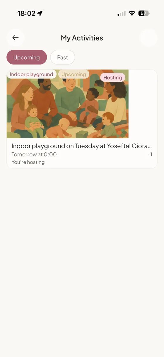 The NestUp app showing upcoming activities, including an indoor playground meetup the user is hosting.