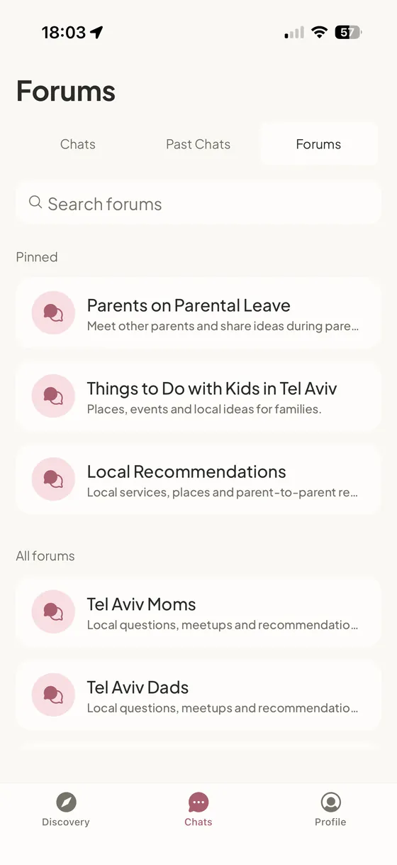 The NestUp app showing community forums, including Parents on Parental Leave and Things to Do with Kids in Tel Aviv.